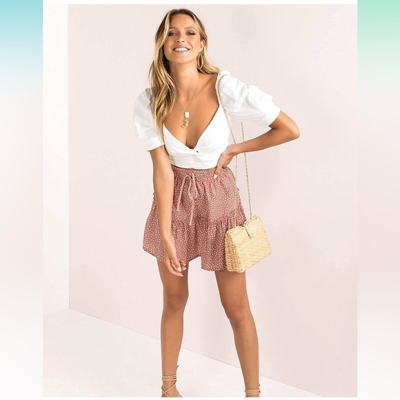 Pink White Dot elastic Waist Lightweight Mini Skirt sz Medium - Picture 3 of 11